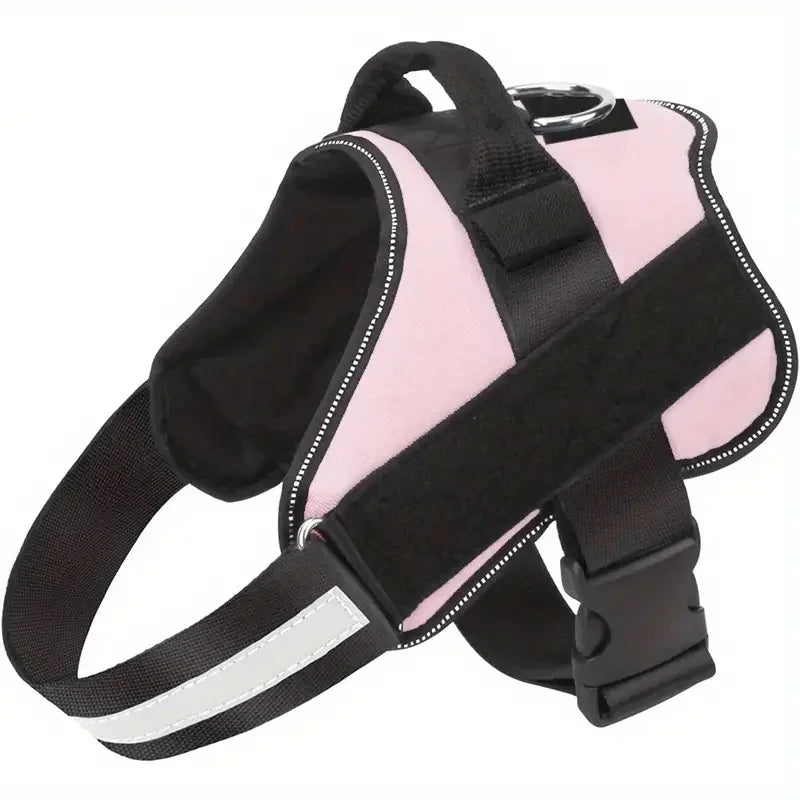 A pink and black adjustable dog vest harness with a handle.