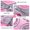 Close-up view of a pink pet harness showing high quality buckle, metal rings, hook and loop, and breathable mesh cloth.