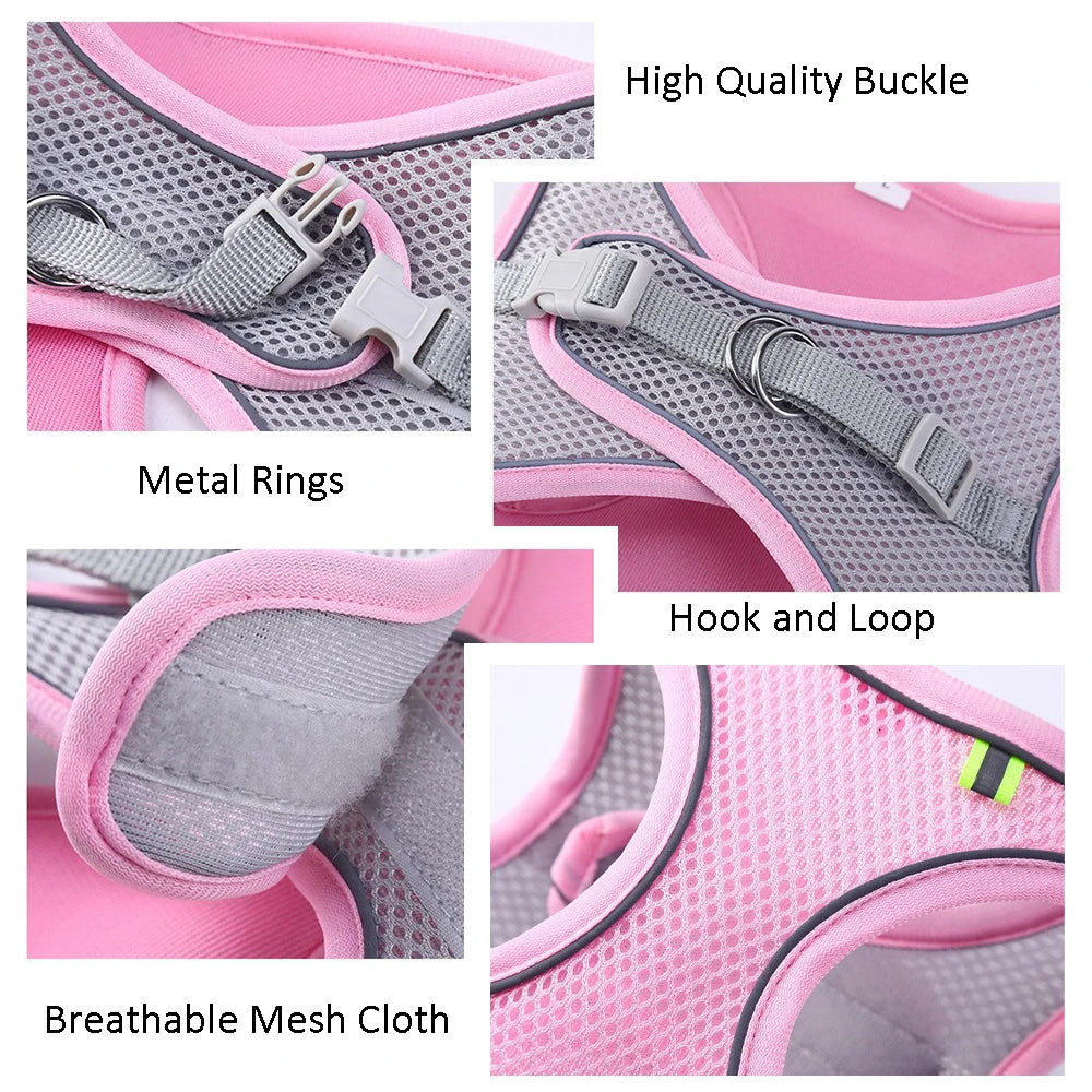 Close-up view of a pink pet harness showing high quality buckle, metal rings, hook and loop, and breathable mesh cloth.