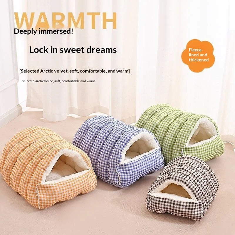 A collection of cozy cat beds with removable covers and plush fleece lining in various plaid patterns.