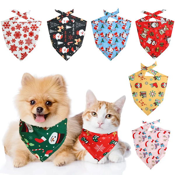 A collection of festive pet scarves and drool bibs featuring Christmas patterns for cats and small dogs.