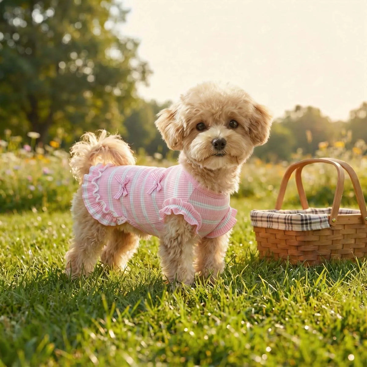 Striped Mesh Dog Outfit with Bow and Ruffles for Small to Medium Breeds