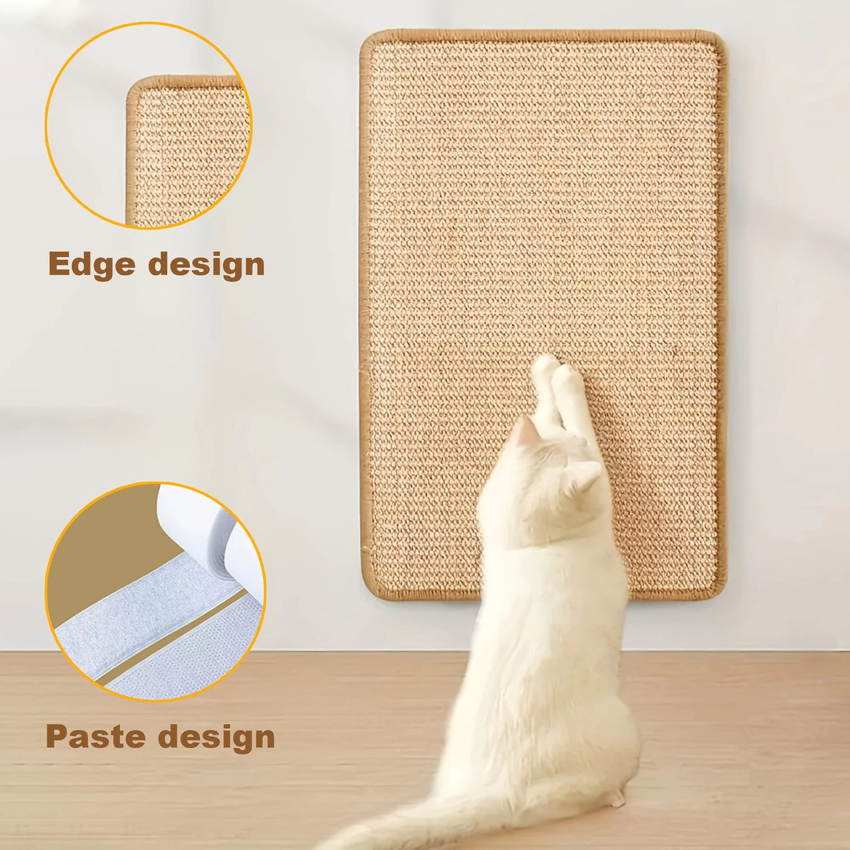 A white cat is using a natural sisal scratching mat, highlighting the edge and paste designs.