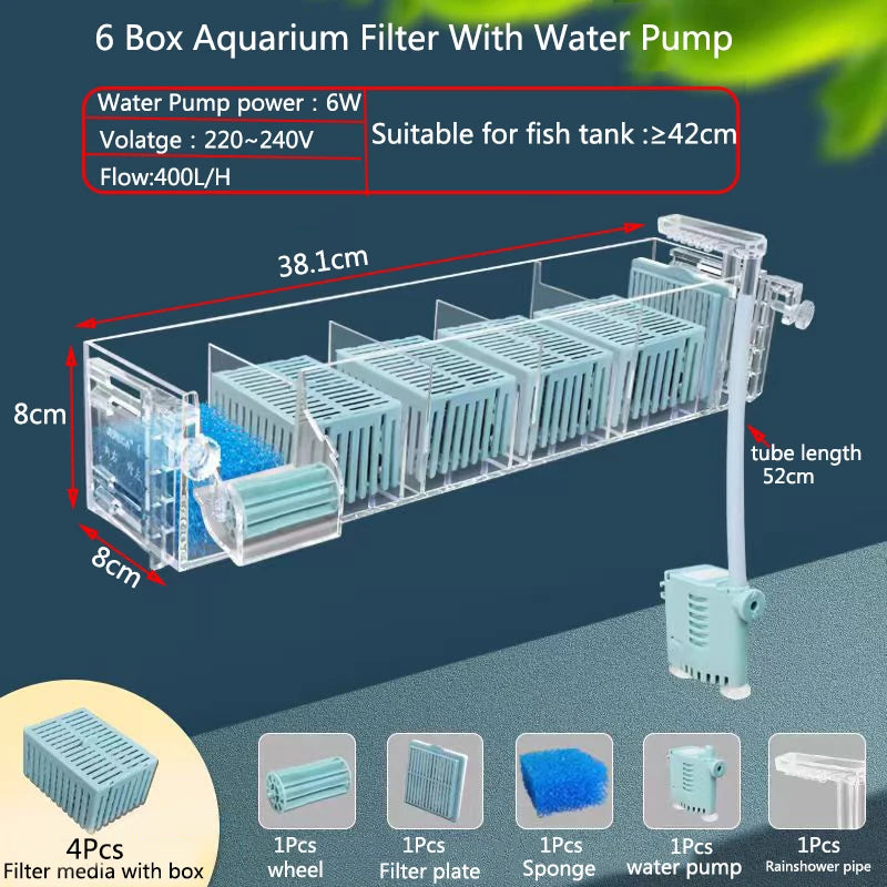 Wall-mounted aquarium filter box with six boxes and a water pump suitable for fish tanks up to 42cm