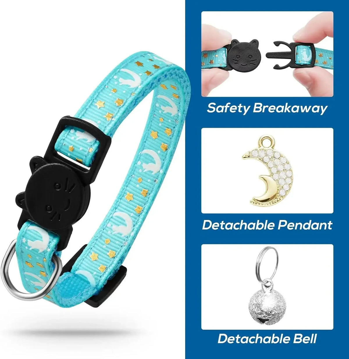 A light blue glow-in-the-dark breakaway cat collar with a moon pendant and detachable bell shown in detail.