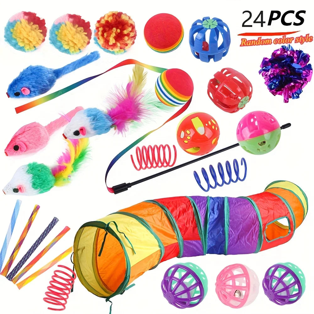 A set of interactive cat play toys including a collapsible tunnel, feather teaser wand, and crinkle balls.