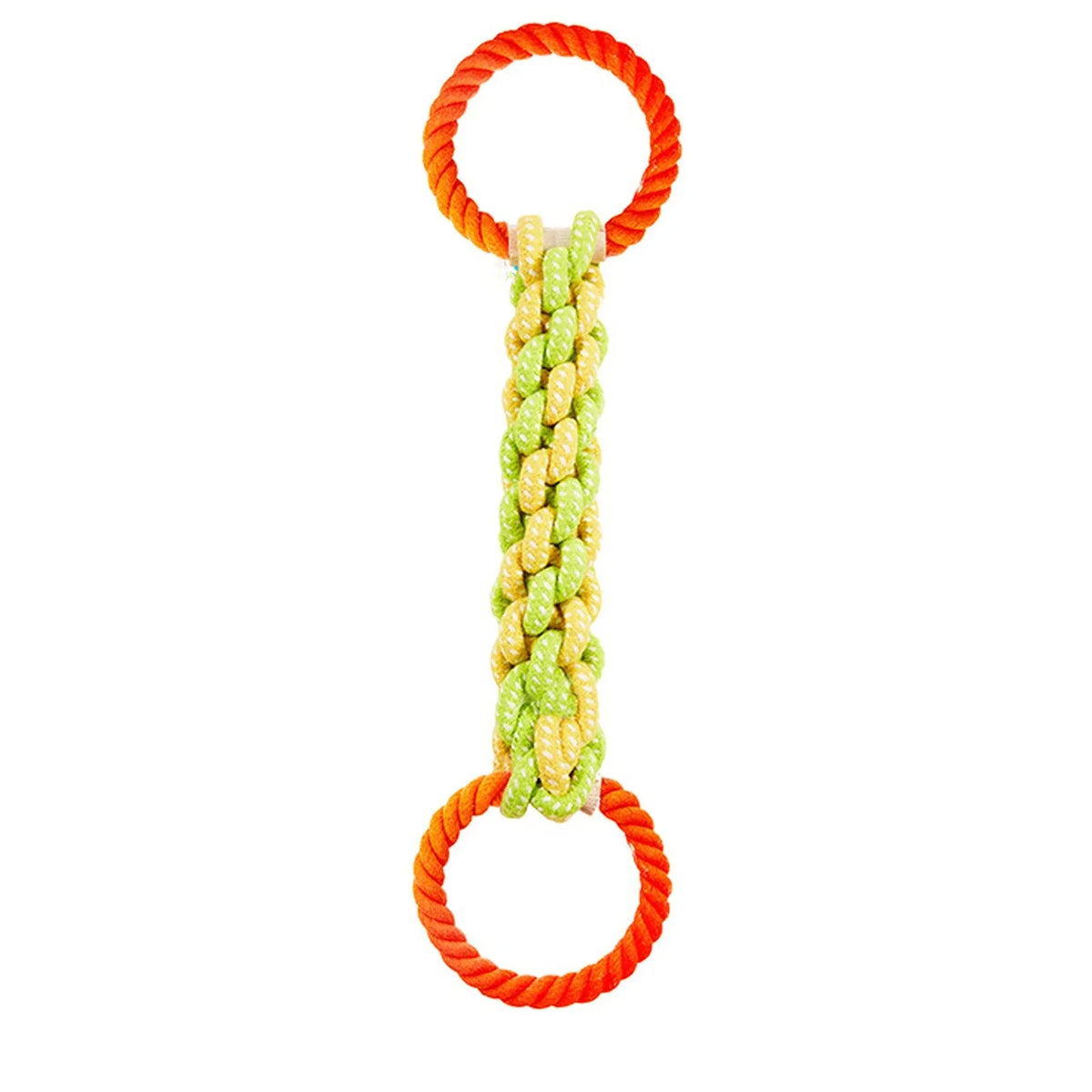 Orange Seilspielzeug mit grünem, strukturiertem Zentrum für ein langlebiges Hundekau-Spiel.