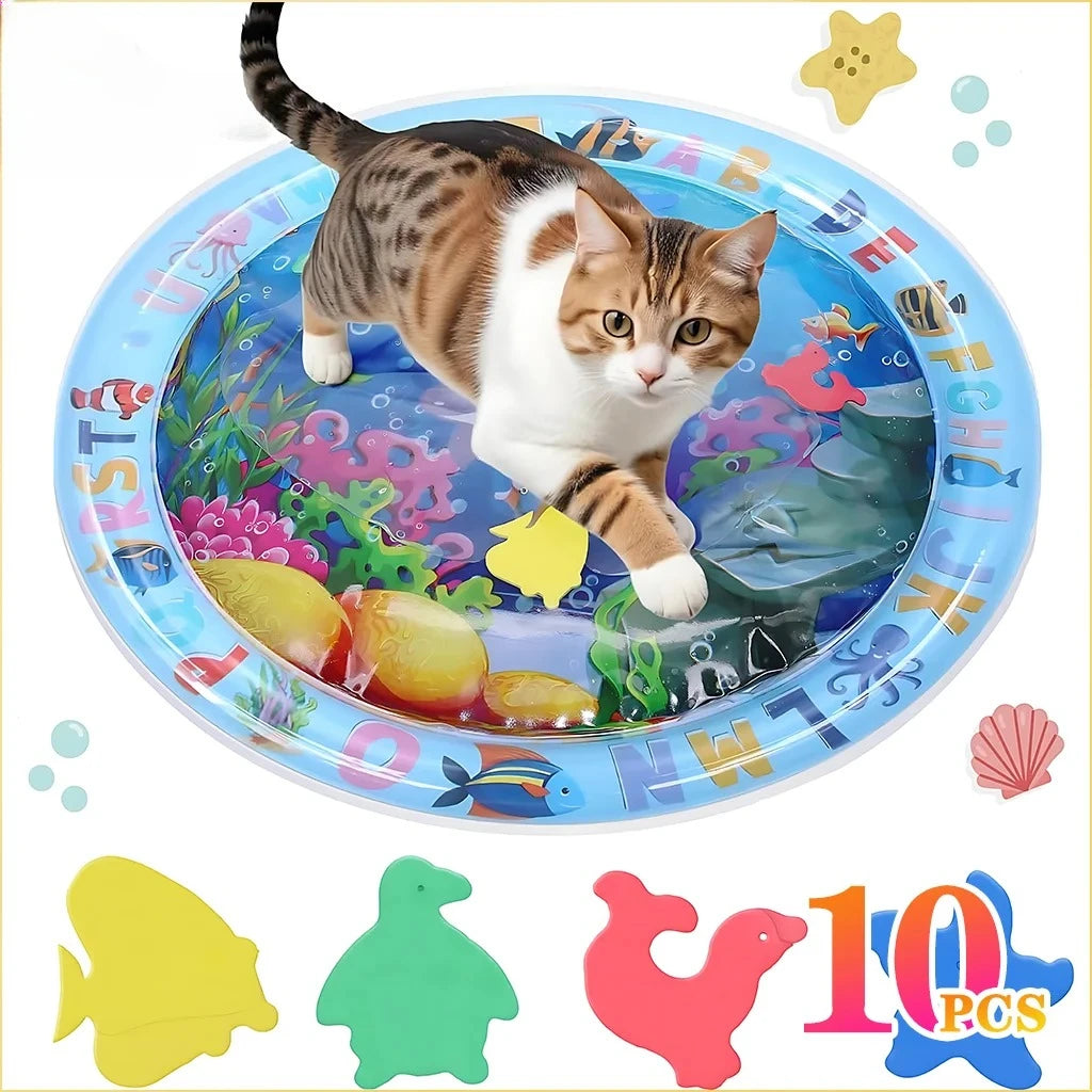 A playful orange and white cat is shown on a blue mat with fish and other aquatic toys, surrounded by yellow and green silico
