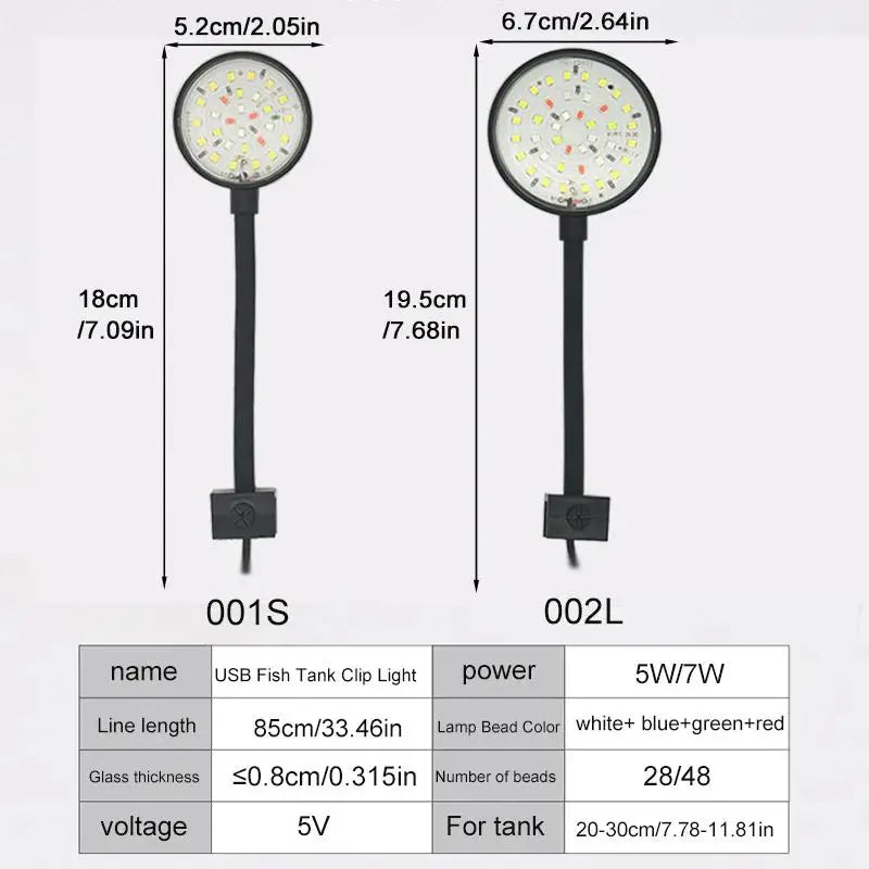 A black USB fish tank clip light with a round LED head and adjustable height.