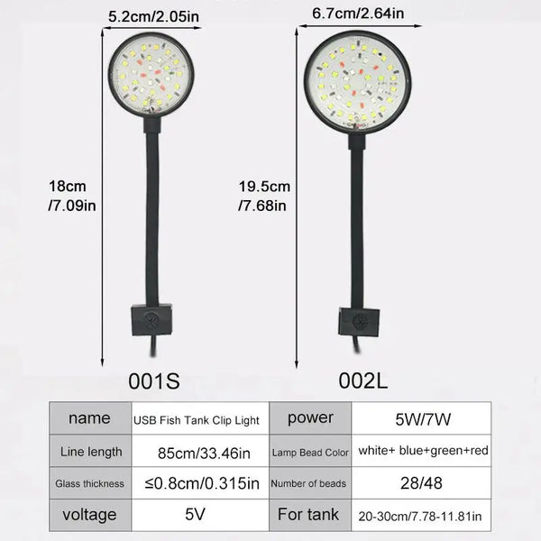 A black USB fish tank clip light with a round LED head and adjustable height.