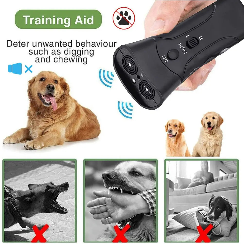 Eine Hand hält ein Ultraschall-Hundbell-Aversive-Gerät, mit Bildern von Hunden und einem durchgestrichenen Bild eines beißend