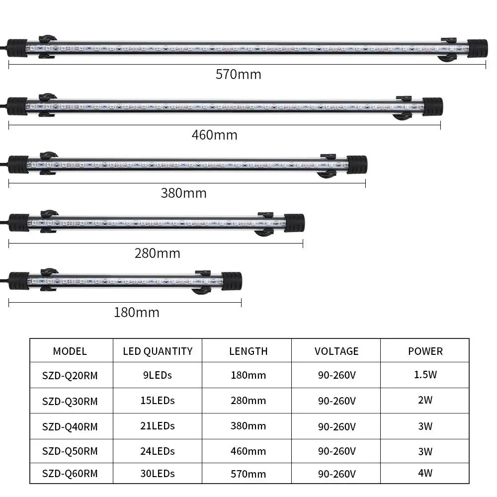 A set of submersible RGB LED aquarium lights with various lengths and wattages shown for sale.