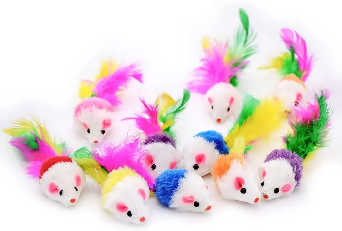 A collection of faux fur cat mice toys with rattles and colorful catnip-infused feathers.