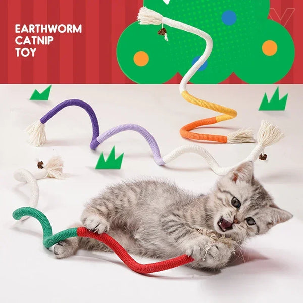 A gray kitten plays with a colorful earthworm catnip toy made of cotton rope.