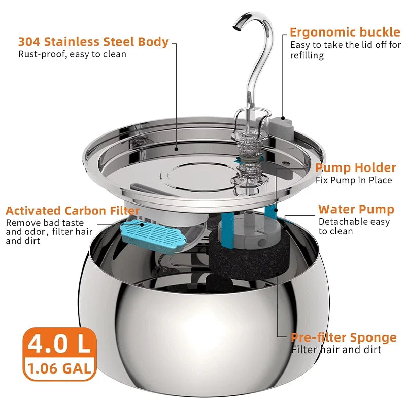 4L Stainless Steel Pet Water Fountain