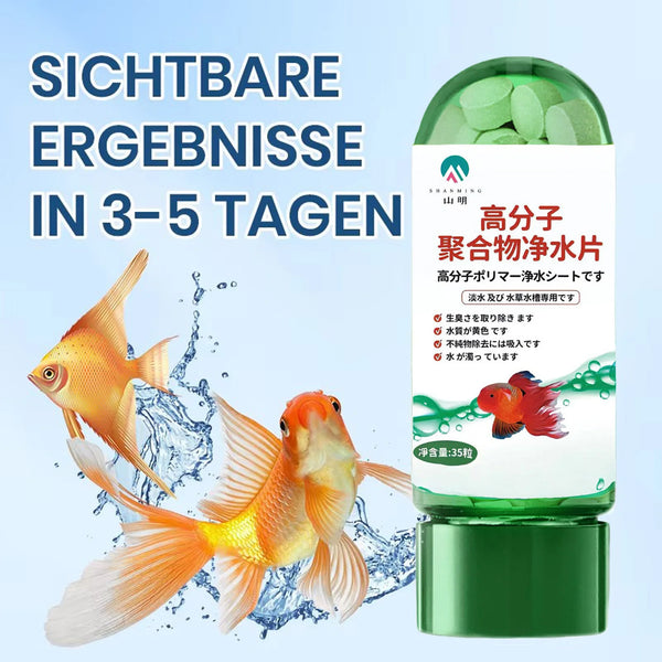 A bottle of aquarium water purification tablets with a fish swimming in clear water.