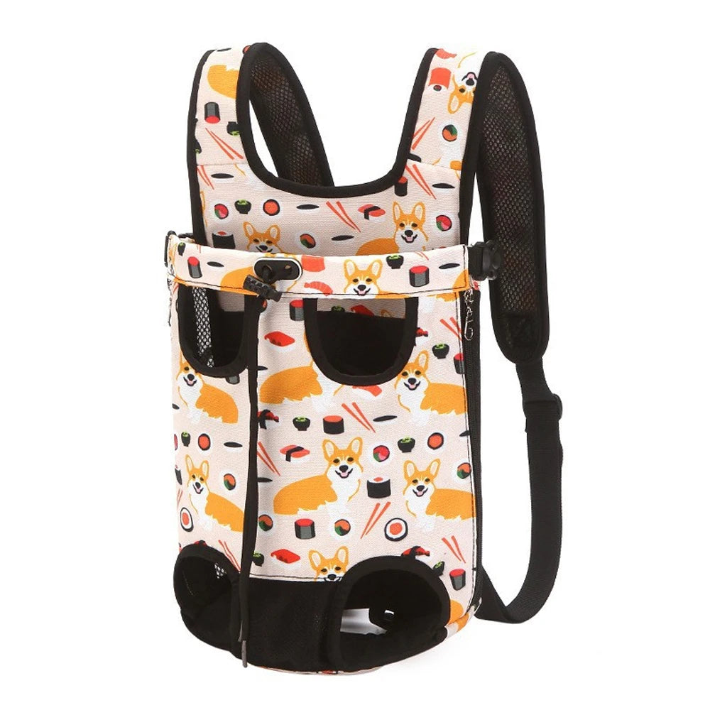 Outdoor camouflage dog carrier backpack with a black and white pattern and mesh pockets
