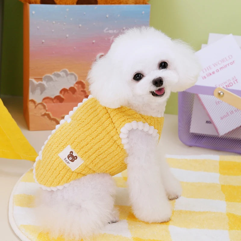 A white poodle wearing a yellow knitted fleece jacket vest sitting on a yellow checkered surface.