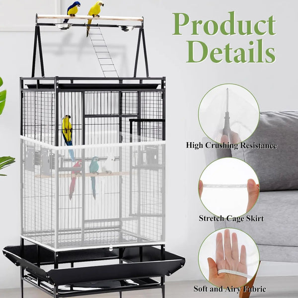 A multi-tiered black and silver bird cage with a mesh guard net and a sliding ladder, showing details of its construction.
