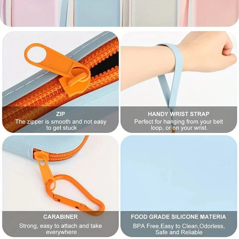 Orange silicone pouch with zipper and handy wrist strap for dog treats