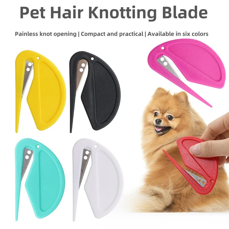 Various colored pet hair knotting blades shown next to a small dog.