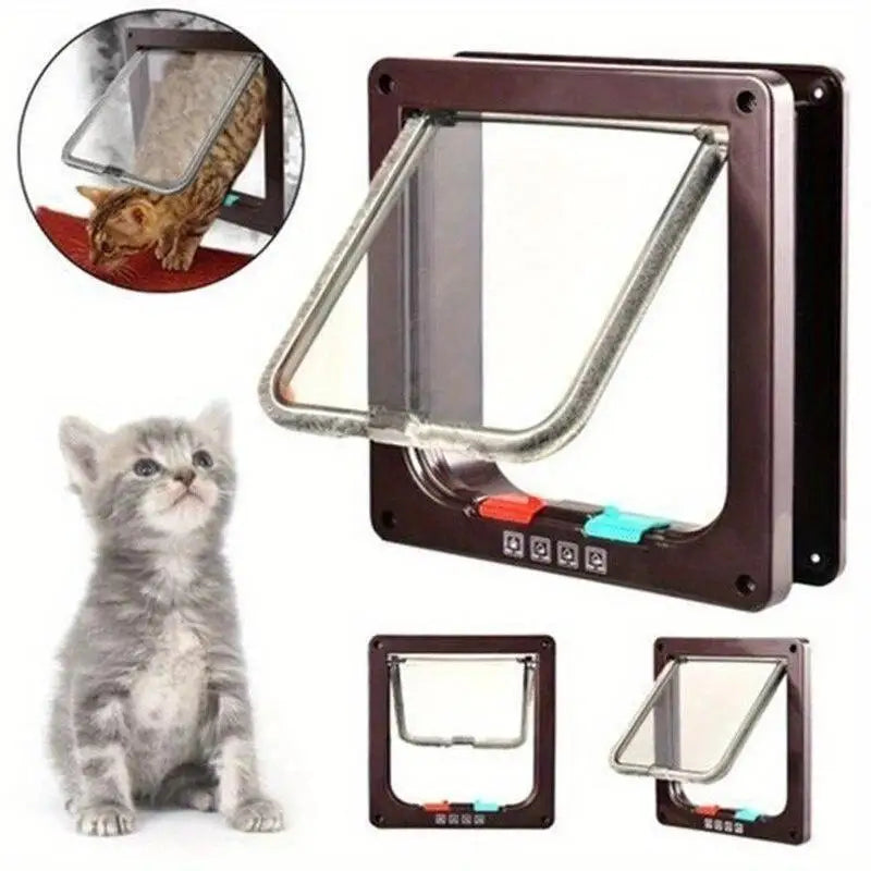 A set of two-way pet doors featuring a safety flap, shown with a kitten and various sizes.