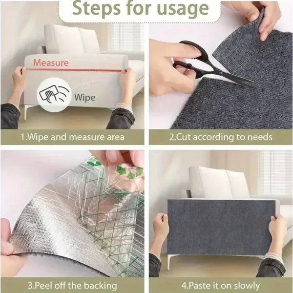 Instructions showing steps for using a self-adhesive carpet cat scratch pad, including measuring, cutting, peeling the backin