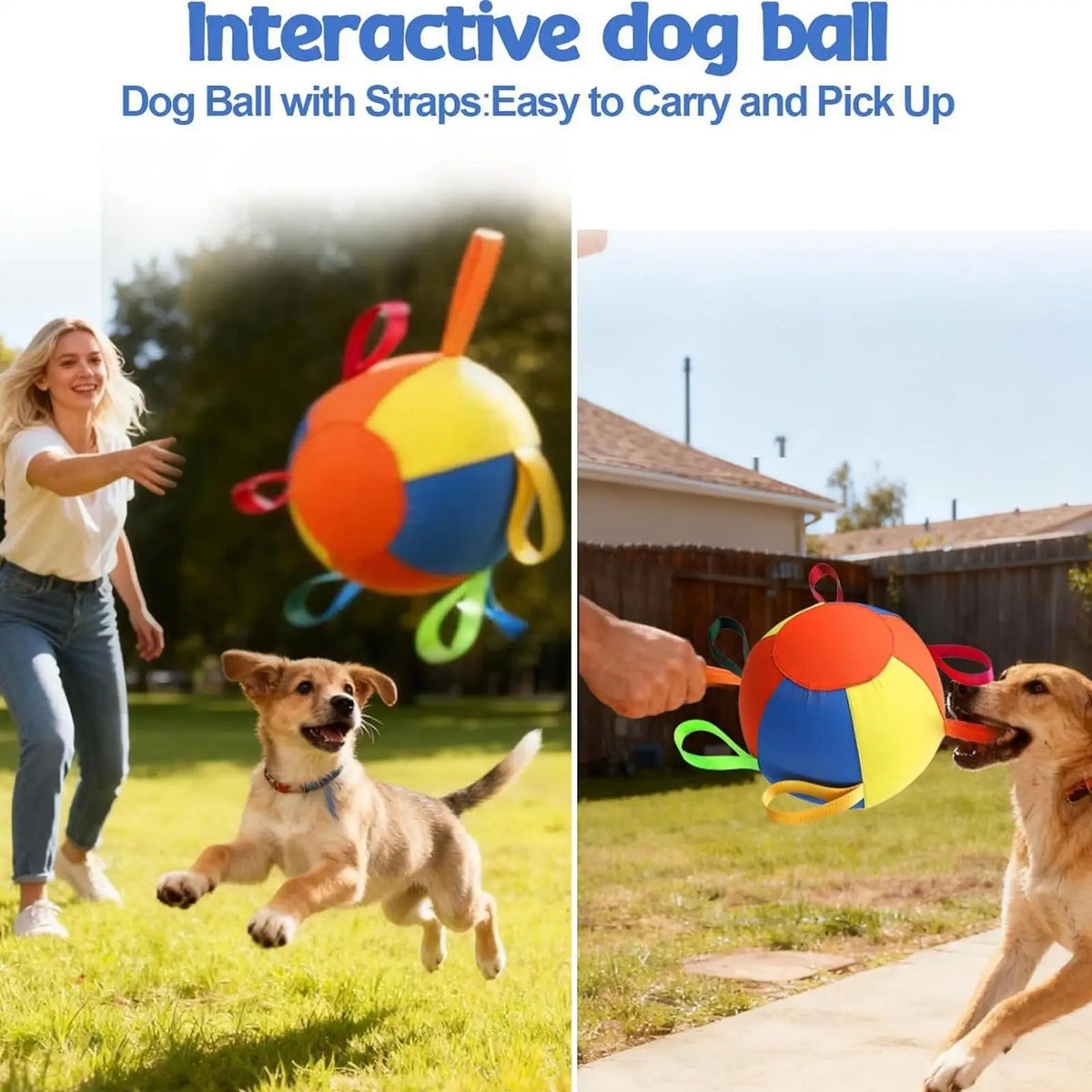 An interactive dog ball toy with straps being played with by a happy dog outdoors.