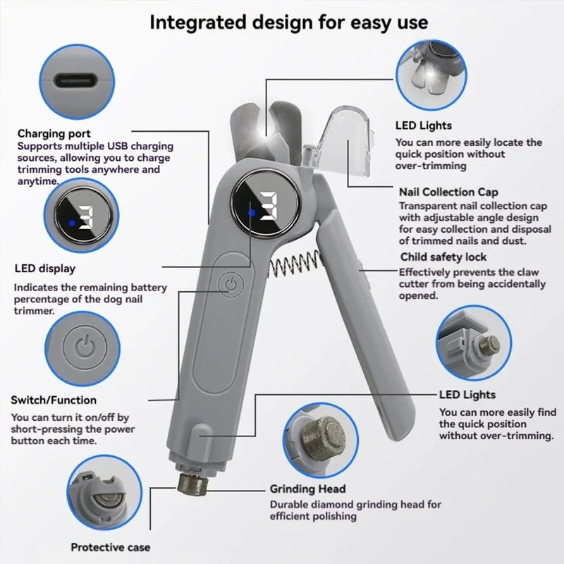 A silver pet nail clipper and grinder tool showing various features like charging port, LED display, switch, and grinding hea
