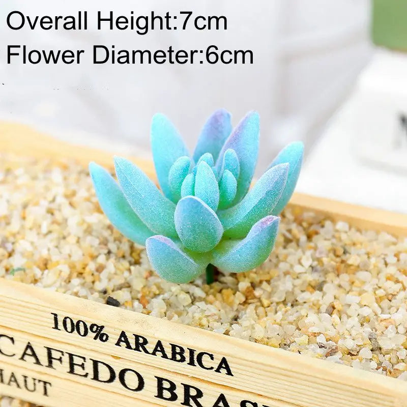 Blue artificial succulent plant with a 7cm height and 6cm diameter placed on a wooden tray.