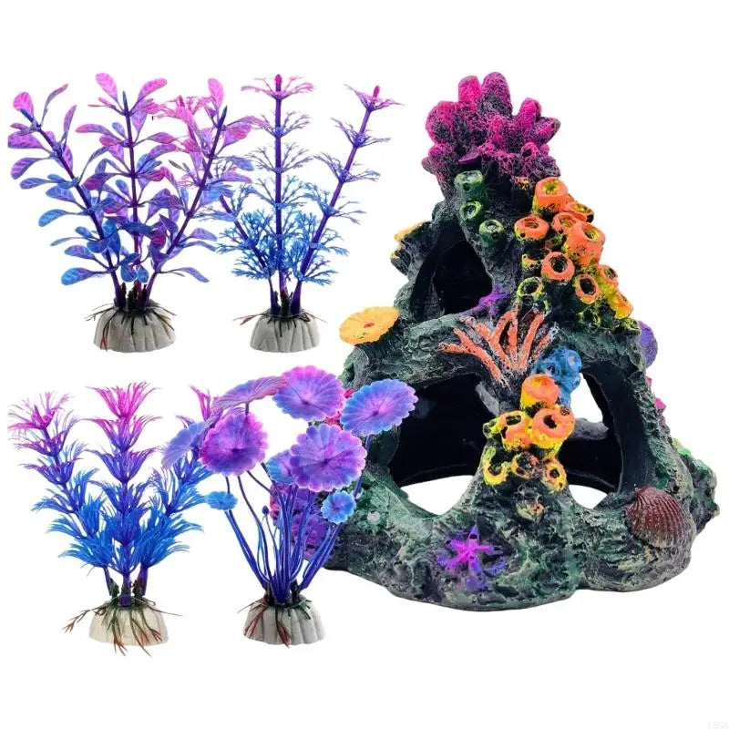 A set of colorful resin fish tank ornaments featuring vibrant purple and blue coral reef plants.