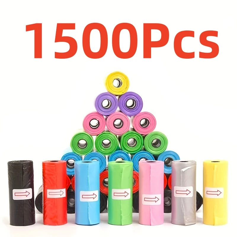 A collection of 1500 biodegradable pet poop bags for dogs and cats in various colors like yellow, pink, green, blue, and red.