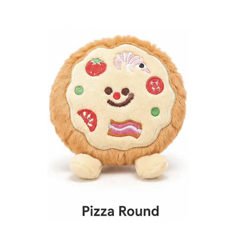 A round plush toy shaped like a pizza with various food toppings.