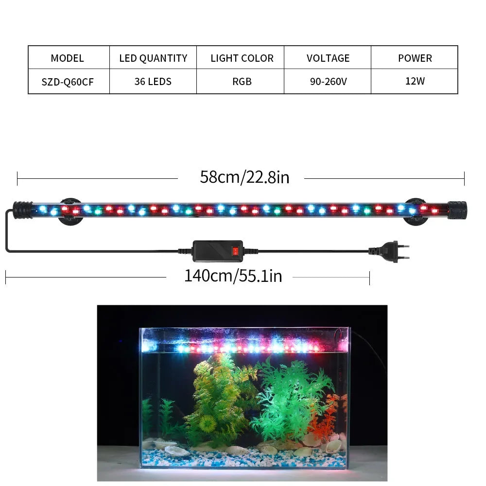 A long, flexible RGB LED light strip is shown illuminating a miniature aquatic environment inside a glass tank.