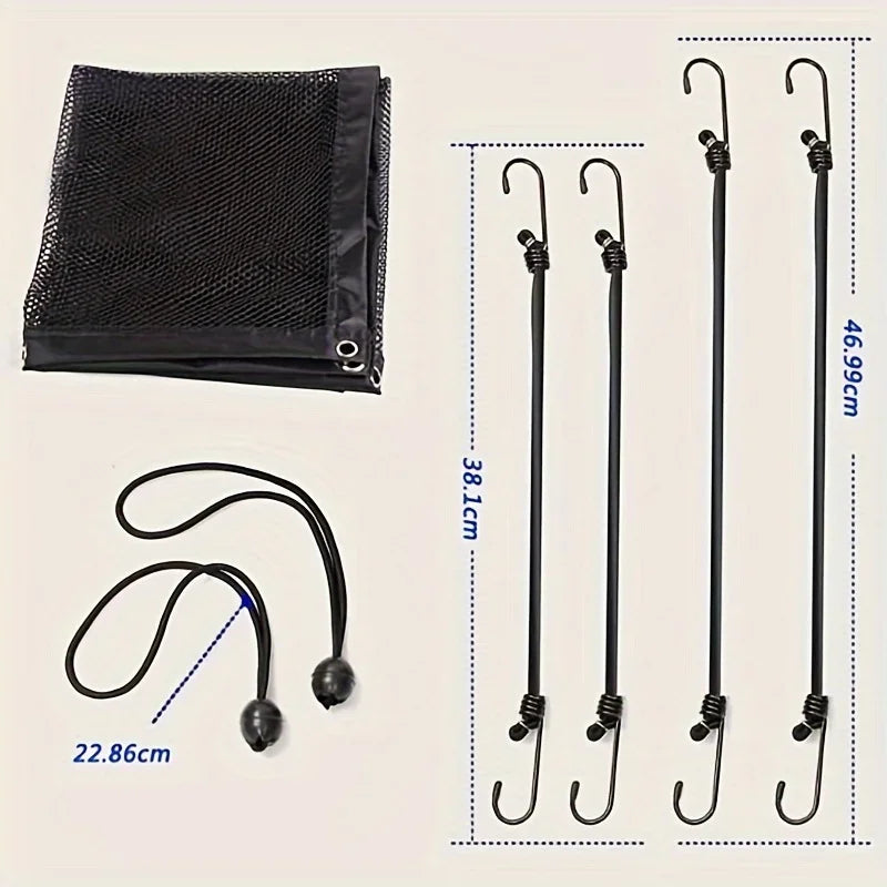 Black foldable car pet barrier safety net with multiple hanging hooks and straps