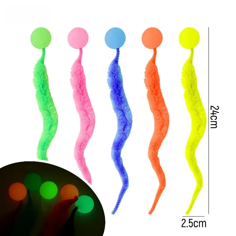 A set of five colorful, elongated, bouncing caterpillar-shaped toys for cats.