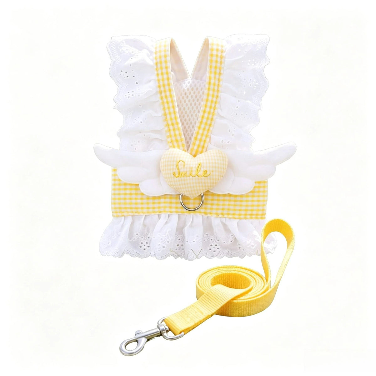 White lace ruffle plaid dog harness vest with a yellow heart and yellow leash