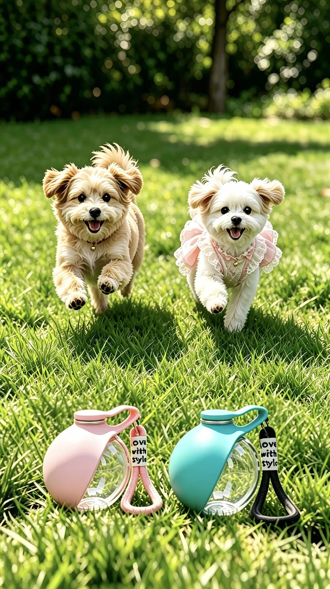 A pink portable dog water bottle with a stainless steel ball dispenser is shown on green grass.