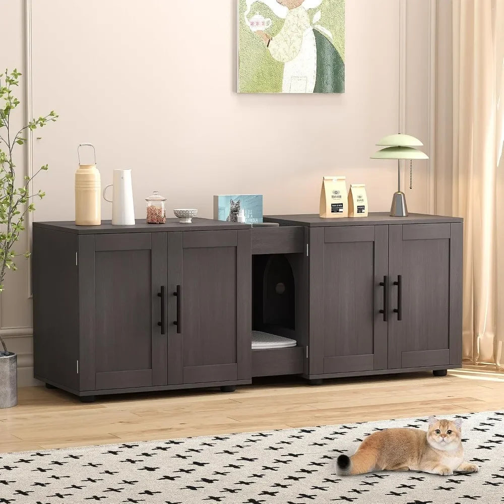 A dark gray wooden storage cabinet with doors and an open compartment, used for a cat litter box enclosure.
