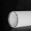 A close-up view of a cylindrical stainless steel roof and floor drain mesh cover against a black background.