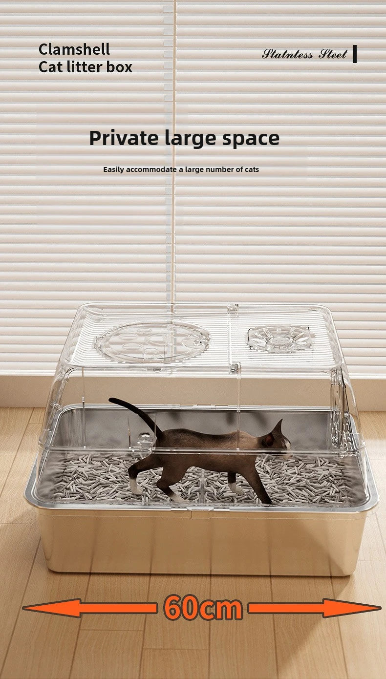 A stainless steel cat litter box with a clear top and a large space for cats is shown on a wooden floor.