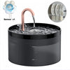 A black automatic pet water fountain with a copper-colored spout and a sensor for water flow control.