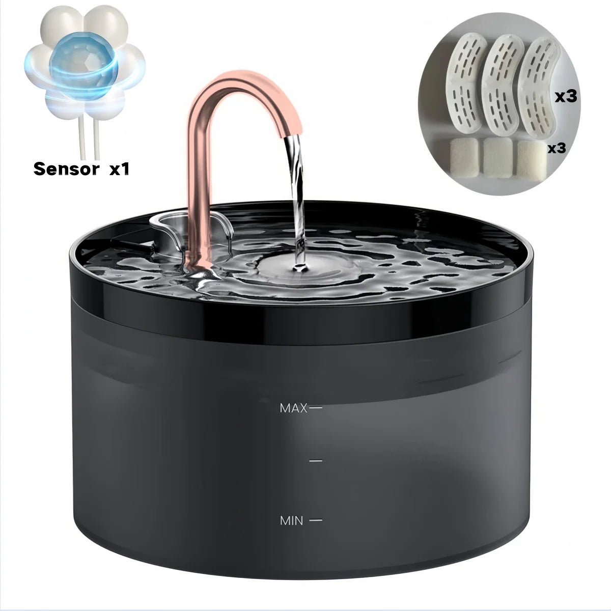 A black automatic pet water fountain with a copper-colored spout and a sensor for water flow control.