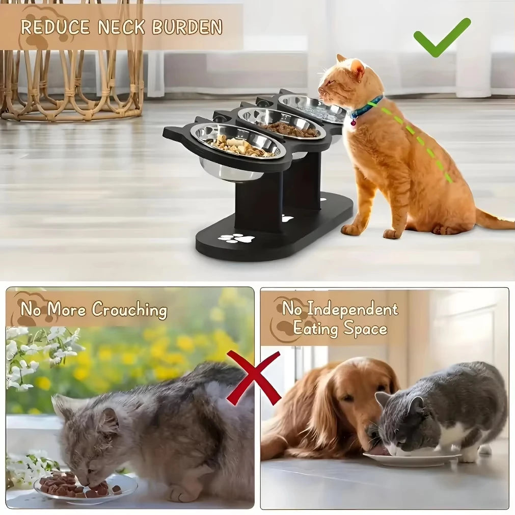 Elevated Cat Bowls with Silicone Mat - 15° Tilted Wooden Stand