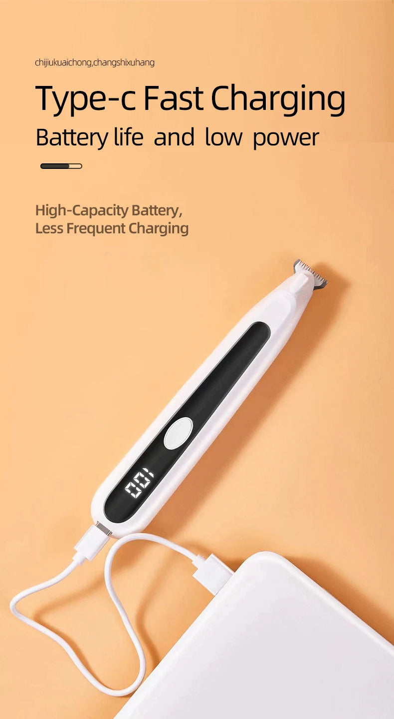 Weißes USB-C-Ladekabel für ein Grooming-Gerät, das Akkulaufzeit und Niedrigleistungsfunktionen hervorhebt.
