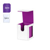 A purple and white PU leather magnetic card deck box with a display window, shown next to two individual pieces.