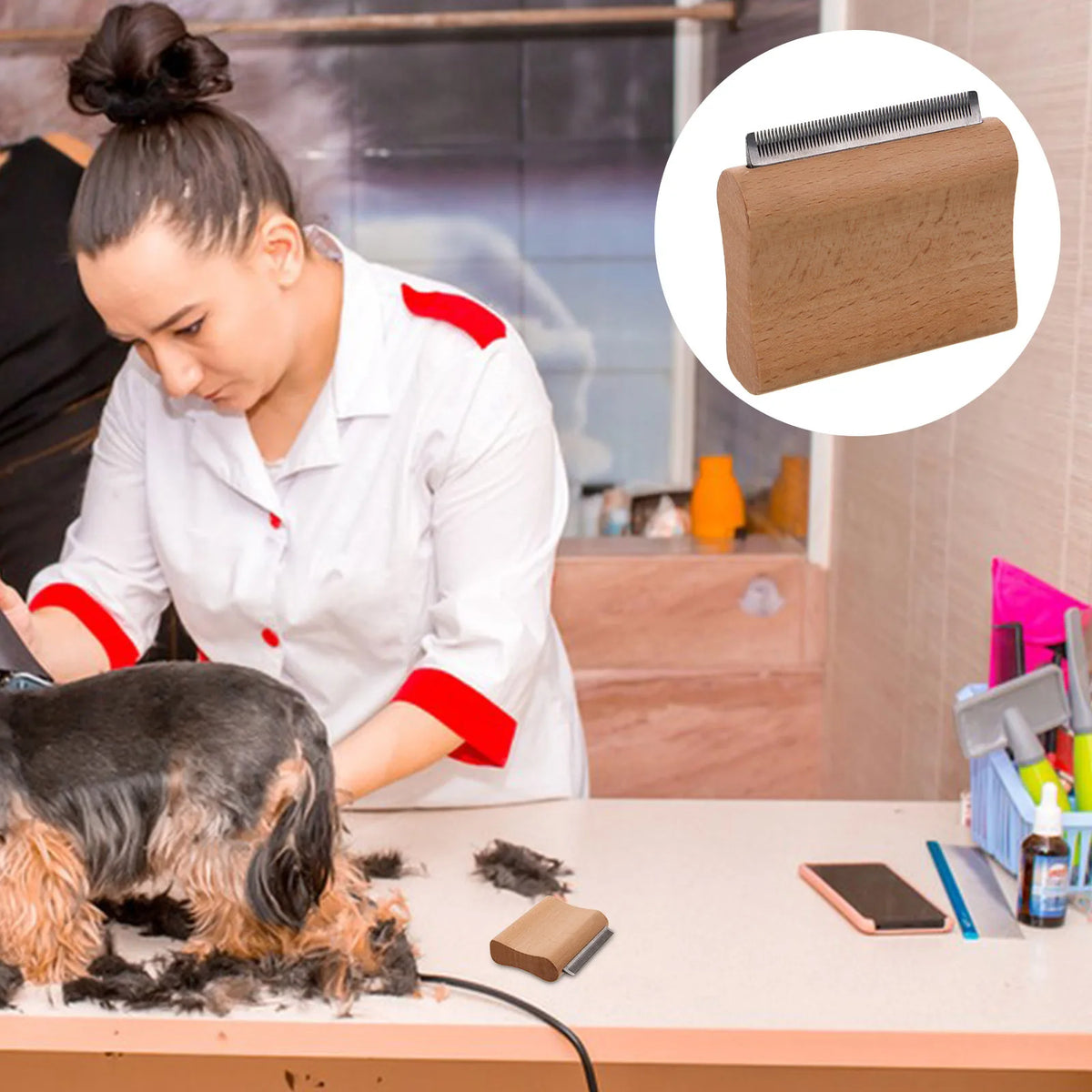 A woman is grooming a dog using a wooden horse grooming brush and stainless steel scraper.