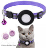 A purple breakaway cat collar with a black holder and a reflective strip, shown next to a gray cat wearing the collar.