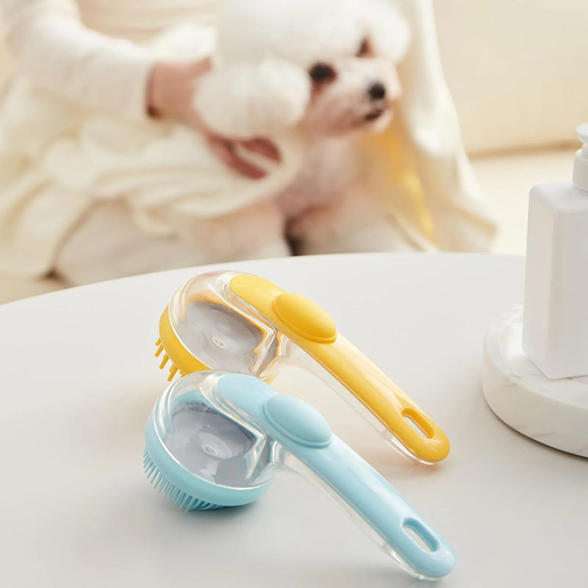 Pet Bath Brush with Shampoo Dispenser and Soft Silicone Bristles