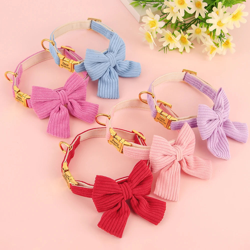 A collection of personalized velvet dog collars featuring various colored bowknot designs like blue, pink, purple, and red.